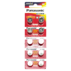 Panasonic LR44 button battery pack of 1.5V and 120mA, compatible with AG13 and G13A, in red and white packaging.