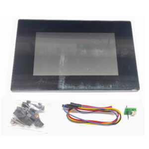 Nextion 5.0" Smart Touch Screen Display, accompanied by a protective case, a set of clips and a cable with colored connectors for easy connection.