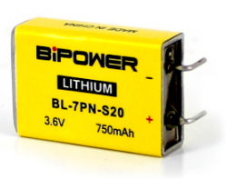BL-7PN-S20 prismatic lithium battery from BIPOWER CORP, 3.6V, 750mAh, in a stainless steel case.